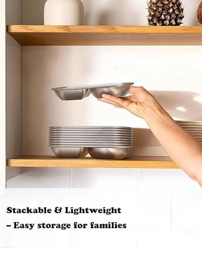 Bakpoco Stainless Steel Toddler Plates Set of 6, 2-compartment Kids Plates for Snack Portion Control, Small Divided Plate for Baby Feeding & Adults Camping, Non-toxic Dishwasher Safe Metal Dish thumbnail 4