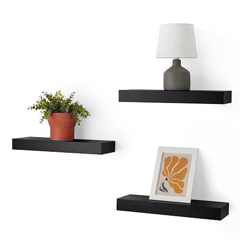 Amazon Basics Wood Floating Wall Shelves, Pack of 3, Black, 15.8" x 5" x 1.8" - Image 1