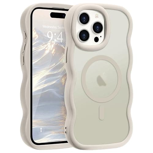 Pepmune for iPhone 15 Pro Max Case, Curly Wavy Frame Hard Translucent Matte Clear Back Cover for Women Men Compatible with Magsafe TPU Bumper Shockproof Phone Case for iPhone 15 Pro Max, Stone - Image 1