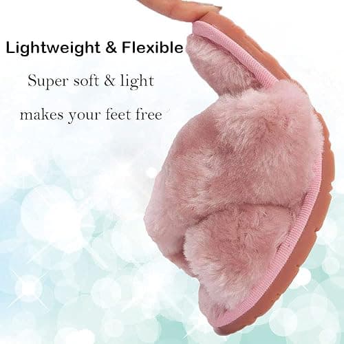 Fadezar Girls Fluffy Cute Fuzzy Slippers - Open Toe Warm Fur Slides Cross Band Plush Slip on House Indoor Slippers thumbnail 4