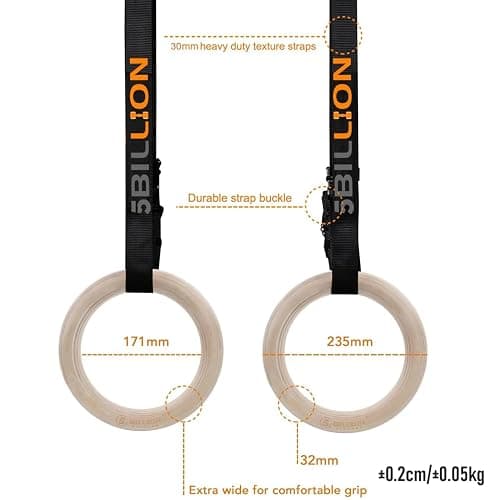 Wooden Gymnastic Rings 1.1 inch/1.25 inch,5BILLION Olympic Rings with Adjustable Straps 15ft,Wood Gym Rings for Home Gym Full Body Workout,Quick Install Cam Buckle,1500lbs Supported thumbnail 2