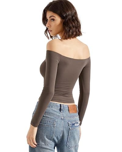 SUUKSESS Women Off Shoulder Double Lined Long Sleeve Shirts Basic Going Out Tops thumbnail 2