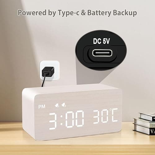 MOSITO Digital Wooden Alarm Clock with Wireless Charging, 0-100% Dimmer, Dual Alarm, Weekday/Weekend Mode, Snooze, Wood LED Clocks for Bedroom, Bedside, Desk, Kids (White) thumbnail 6