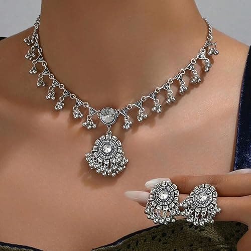 Indian Ethnic Jhumka Jewelry Set for Women Bead Ball Stud Earrings Maang Tikka Oxidized Antique Traditional Jhumki Pendant Bib Choker Necklace Boho Gypsy Wedding Bridal Jewelry Dance Prom Accessories thumbnail 3