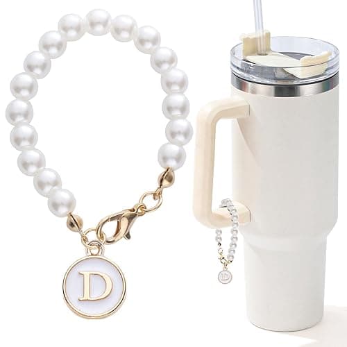 LUHOHI Letter Charm for Stanley Cup，Pearl Chain Accessories Stanley Cup Initial Charms for Handle Stuff Decor Water Bottle Jewelry Tumbler Cute Simple Modern Personalized Name ID Decorations (D) - Image 1