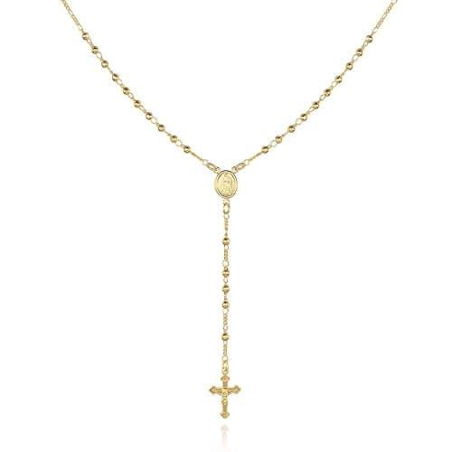 Barzel 18K Gold Plated Virgin Mary Rosary Bead Cross Necklace - Made In Brazil - Image 1