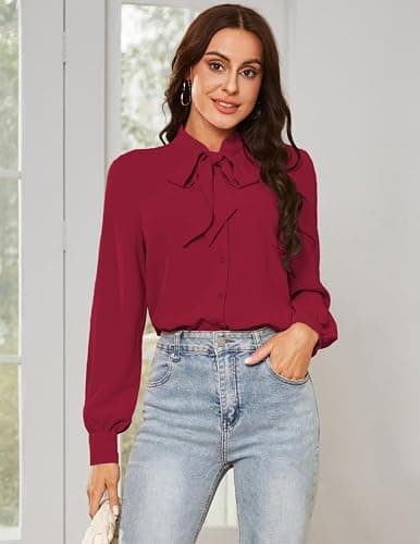 Kate Kasin Women Bow Tie Neck Office Blouse Button Down Long Sleeve Bodysuits Blouse Top thumbnail 2