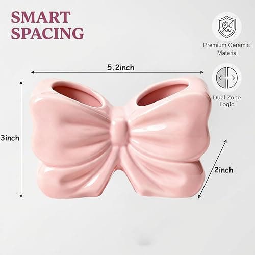 Bow Toothbrush Holder, 2-Slot Cute Bowtie Shaped Ceramic Bathroom Counter Organizer for Electric Toothbrushes, Toothpaste, Floss and Razors, Bathroom Decor Accessories, Pink thumbnail 3