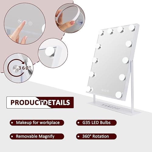 VANITII Lighted Vanity Hollywood Mirror with 12 Dimmable Bulbs Smart Touch Control 3 Colors Light for Tabletop, Detachable 10X Magnification thumbnail 3