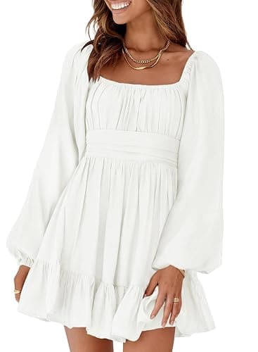 Dokotoo Womens Dress Long Lantern Sleeve Square Neck Tie Backless Sexy Dress Ruffle Elastic Waist A-Line Mini Dress - Image 1