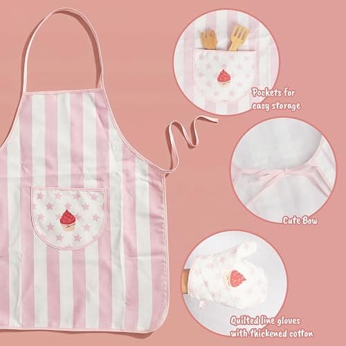 Kid Apron and Chef Hat Set, 3 Pcs Children Cooking Baking Set Kits Role Play Chef Toy Kid Cooking Gift for Girls Boys (Pink) thumbnail 4