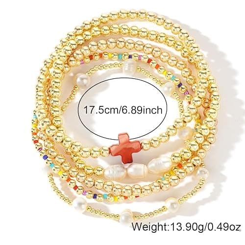 SHINUS BOHO 14K Gold Pearl Beaded Cross Bracelets Stack Set for Women,Stretch Boho Colorful Christian Beads Ball Jewelry Trendy Gift thumbnail 7