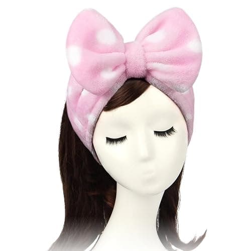 Shintop Women Fashion Lovely Soft Carol Fleece Bowknot Bow Makeup Cosmetic Shower Elastic Hair Band Hairlace Headband (Pink Polka dots) - Image 1