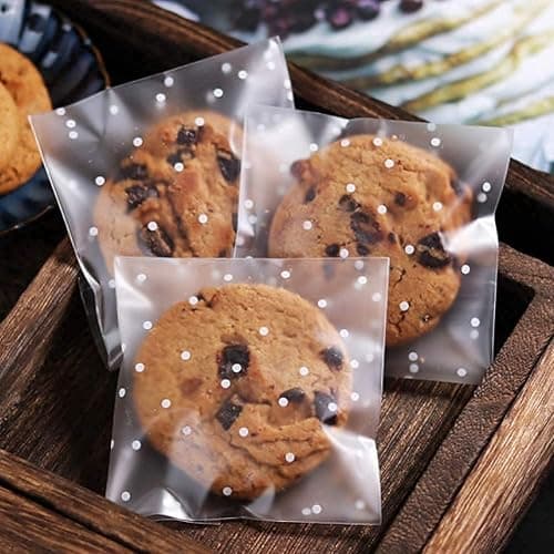300PCS Cookie Bags Self Adhesive Clear Plastic Cellophane Treat Bags for Candy Pastry Packaging Christmas Party Favor Gift Giving (White Polka Dots, 4 x 4 inches) thumbnail 2