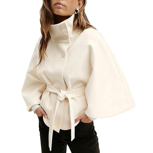 Zoziiee Womens Batwing Sleeve Poncho Pea Coats Elegant Stand Collor Capes Jacket Cloak Belted Fall Trendy Casual Outerwear - Image 1