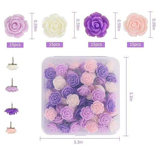 Vuzvuv 60Pcs Purple Rose Flower Cute Push Pins Thumbtack for Bulletin Board | Resin & Metal Cute Push Pins, Sturdy Reusable, 60pcs in Storage Box, for Bulletin Boards, Office School Decor, Lovely Gift thumbnail 3