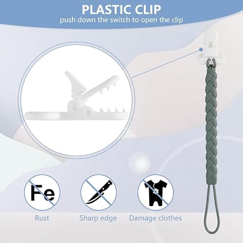 6-Pack Silicone Pacifier Clips with a Woven Rope Shape for Baby Boys and Girls - Flexible and Rust-Free Holders for Teething Relief and Baby Essentials, Safe for Newborns (Grey) thumbnail 4