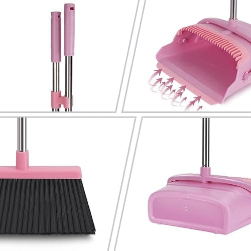 kelamayi Broom and Dustpan Set for Home, Office, Indoor&Outdoor Sweeping, Stand Up Broom and Dustpan (Pink) thumbnail 4