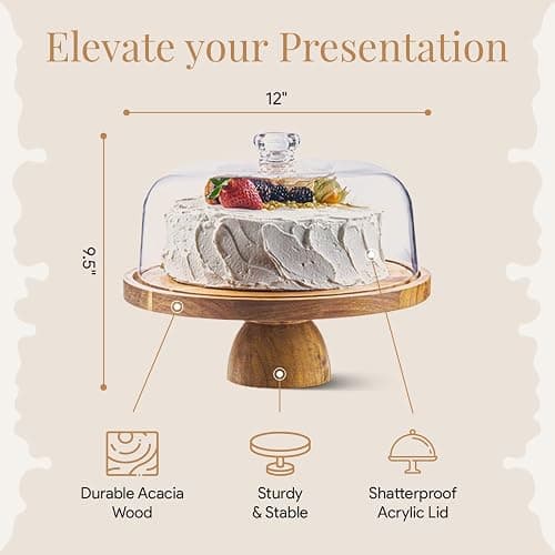 Acacia Wood Christmas Cake Stand with Dome Lid - 12in Round Holder, Holiday Hosting Essential for Thanksgiving and Christmas, 2-in-1 Festive Dessert Display & Charcuterie Board, Large Acrylic Dome Cover thumbnail 2