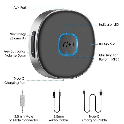 Bluetooth Receiver, LAICOMEIN Portable 3.5mm Aux Car Adapter, Bluetooth Wireless Audio Receiver for Car/Home Stereo/Wired Headphones/Speaker, 16H Battery Life thumbnail 2