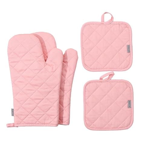 Oven Mitts and Pot Holders 4 pcs Set,High Heat Resistant 500 Degree Extra Thicken Long Kitchen Cotton Oven Glove for Cooking (12 Inch,Pink)… - Image 1