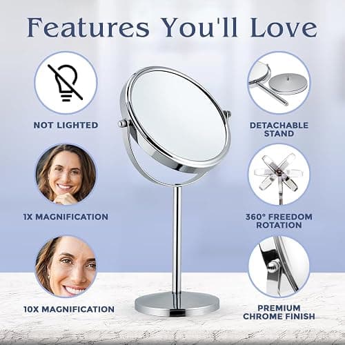 10X Magnifying Makeup Mirror on Round Stand for Tabletop, Bedroom Vanity Desk and Bathroom Counter - Free Standing Double Sided 10X/1X Magnification Mirror - 7" Wide and 14" Tall (Chrome) thumbnail 4