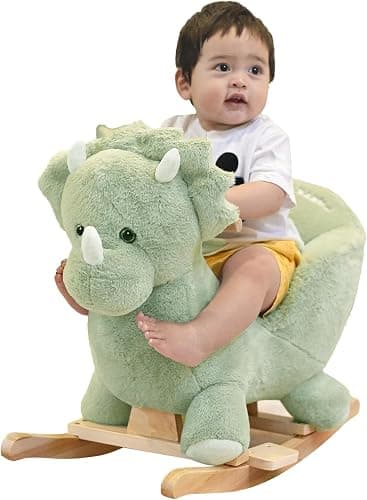 Rock My Baby Plush Rocking Horse - Soft Stuffed Body,Safety Seat Chair, Wooden Rockers, Music Button – Toddler Ride-On Toy for Ages 1–3 (green) - Image 1
