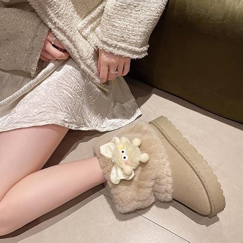 UNMULFC Cute Platform Boots Women's Snow Boots Chunky Winter Shoes Aesthetic Bow Pearl Thick Sole Kawaii Fuzzy Plush Fluffy thumbnail 4