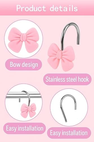 12 Pink Bow Resin Shower Curtain Hooks - Cute Bathroom Decor for Girls, Princesses and Glam Style thumbnail 4