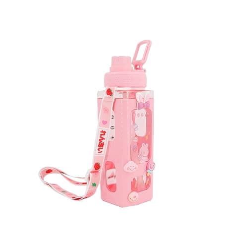 NEWSTYP Kawaii Bear Pastel Water Bottle With 3D Sticker 700ml Plastic Travel Tea Juice Milk Portable Cute Shaker Drink Bottle Gift (Pink) - Image 1
