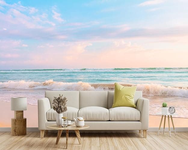 YIHWM -Clear Waves Summer Beach Coastal Scenery Fabric Wallpaper Coastal Islands Living Room Bedroom Bathroom Boys Girls Kids Room Large Mural- 137"x96"（ not Peel and Stick） thumbnail 3