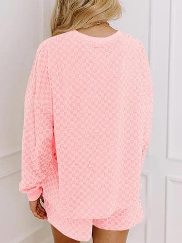 Tankaneo Womens 2 Piece Outfits Oversized Long Sleeve Checkered Plaid Tops Elastic Waist Shorts 2026 Pajama Sets Loungewear thumbnail 5