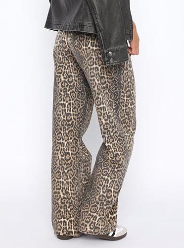 Justalwart Women's Leopard Print Mid Rise Light Weight No Stretch Wide Leg Pants Baggy Jeans thumbnail 4