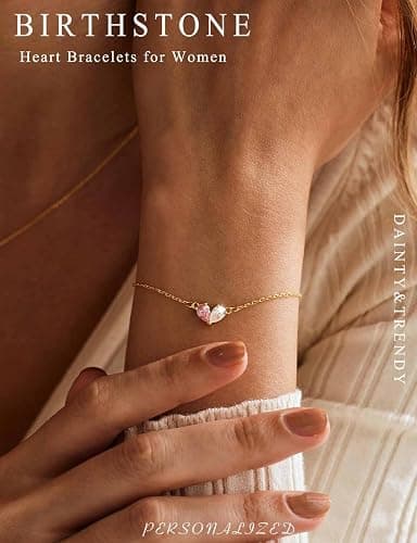RLMOON Gold Bracelets for Women Dainty 2 Birthstone Bracelets Non tarnish 14K Gold Plated Heart CZ Bracelet for Mother and Daughter Anniversary Birthday Jewelry Gift - 04-05 April&May thumbnail 2