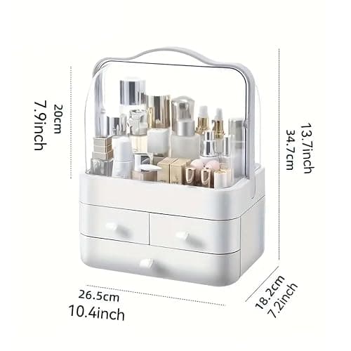 Neo Acrylic Makeup Organiser with Lid & Drawers Portable Dustproof Cosmetic Storage Box for Vanity, Bathroom Bedroom Countertop Skincare & Beauty Organiser (White) thumbnail 3