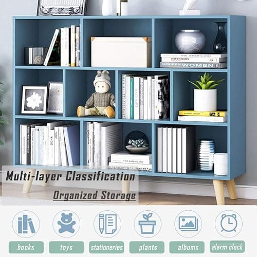 IOTXY Wooden Open Shelf Bookcase - 3-Tier Floor Standing Display Cabinet Rack with Legs, 10 Cubes Bookshelf, Bright Blue thumbnail 6