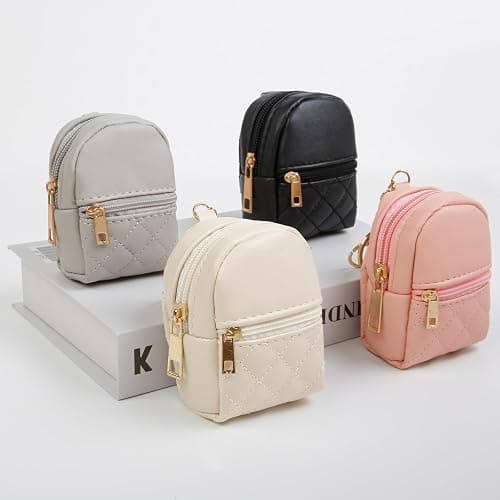 AIBFRID 4Pcs Mini Backpack Keychain,Cute Cosmetic Bag for Women,PU Leather Makeup Bag Key Pocket Lipstick Bag Card Holder Data Cable Organizer Zipper Pouch (black beige pink gray) thumbnail 7