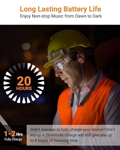 HomeSpot Noise Reduction Wireless Neckband Headphones with Qualcomm aptX HD, 27dB NRR, CVC Noise Cancelling Mic & Controls and 20H Playtime for Work Safety OSHA Compliant - Blue Wire Orange Earbuds thumbnail 7