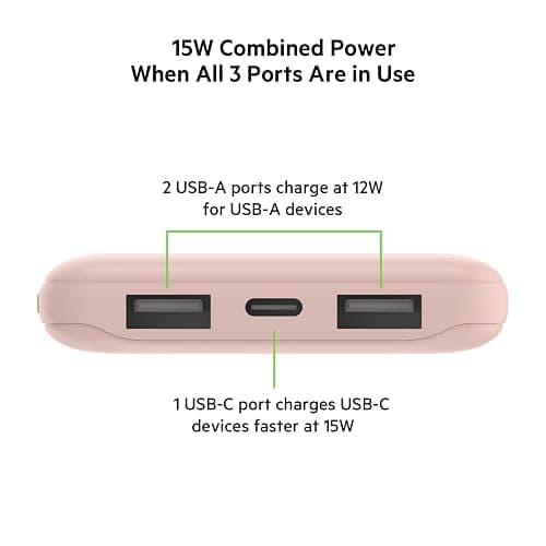 Belkin 10000mAh portable power bank, 10K USB-C portable charger with 1 USB-C port and 2 USB-A ports, battery pack for up to 15W charging for iPhone, Samsung Galaxy, AirPods, iPad, and more - Rose Gold thumbnail 11
