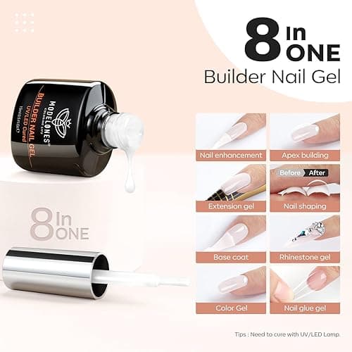 modelones Builder Nail Gel, Milky White Builder for Nail Thickening, 8-in-One LED Lamp Cured Strengthener Hard Color Base Extension Glue Gel Polish in a Bottle for Home DIY Salon Women thumbnail 3