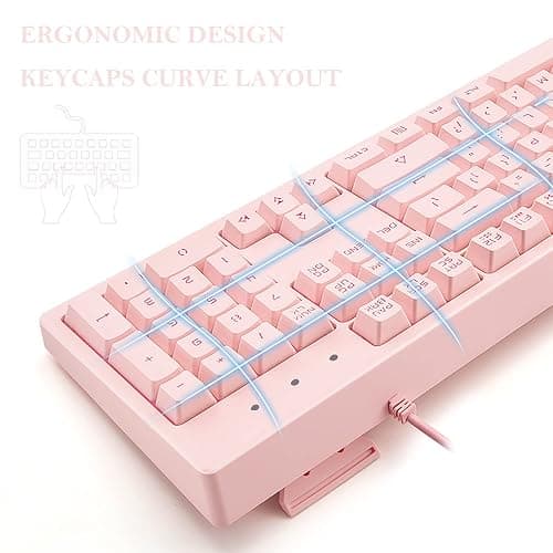 Basaltech Pink Keyboard with 7-Colors LED Backlit,104 Keys Silent Creamy Keyboards,Double Shot Keycaps Light Up Keyboard Wired USB for Computer,Mac,Laptop thumbnail 2