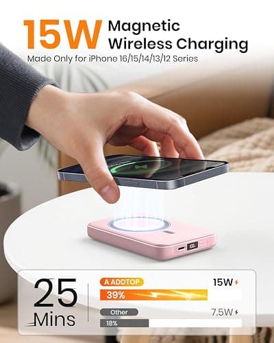 A ADDTOP Magnetic Power Bank 10000mAh- 20W Schnelllade iPhone Ladegerät for Magnetisch, UltraSlim Wireless Portable Charger with USB-C In&Out, LED Display Akku-Pack für iPhone 17/16/15/14/13/12 Rosa thumbnail 2