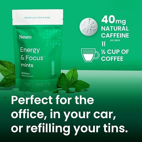 NeuroGum Energy & Focus Mints (Spearmint, 72 Pieces) | 40mg Natural Caffeine + L-Theanine + Vitamin B12 & B6 | Sugar Free Nootropic Cognitive Brain Performance Supplement thumbnail 2