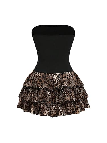 GORGLITTER Women's Leopard Tiered Ruffle Tube Dresses Strapless A Line Flared Mini Bandeau Dress thumbnail 2