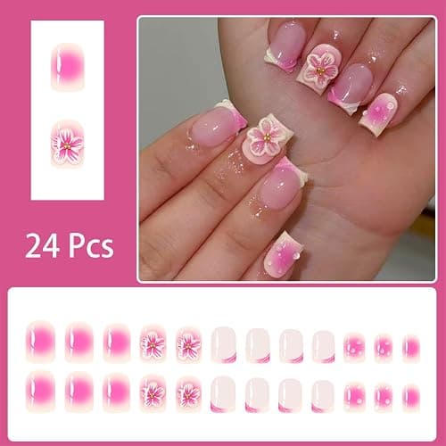 24pcs French Tip Press on Nails Short Square Fake Nails with 3D Flower Designs Pink Floral False Nail Kit Cute Flowers Artificial Acrylic Nails Kit Gradient Full Cover Glue on Nails for Women thumbnail 6