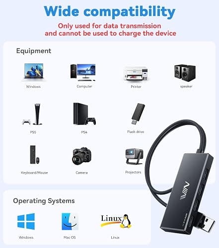 USB 3.0 Hub,4 Port USB Splitter Extender Portable Adapter Multiport Data Hub for Laptop,Xbox, Flash Drive,HDD,Console,Camera,Keyborad,Mouse Windows,Mac OS PC,Not Designed to Charge Devices-Black thumbnail 6