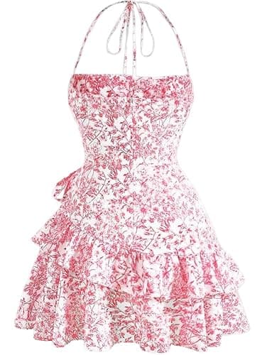 Narecte Summer Dresses for Women,Tie Halter Mini Dress,Floral Print Short Dress,Ruffle Trim Casual Dresses thumbnail 4