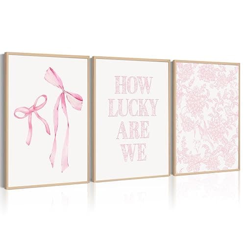 Pink Bow Floral Wall Art Preppy Aesthetic Canvas Wall Decor Trendy Coquette Posters Pink Bow Pictures Chinoiserie Flower Prints Painting for Girls Dorm College Apartment 12x16 Inch Unframed Set of 3 - Image 1