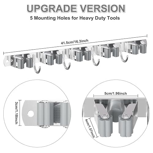 Broom Holder Wall Mount, Broom Organizer Wall Mount Stainless Steel Broom and Mop Hanger Heavy Duty Storage Organization for Home Kitchen Garden Garage Room 5 Racks 4 Hooks thumbnail 2