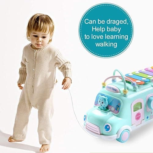 Baby School Bus Xylophone Toy for Toddlers 1-3, 5-in-1 Montessori Musical Bus Toys Gifts for 1 Year Old Baby Girl, Shape Sort Toys Knocking Xylophone Educational Instruments Birthday Gift Boy Girl thumbnail 6